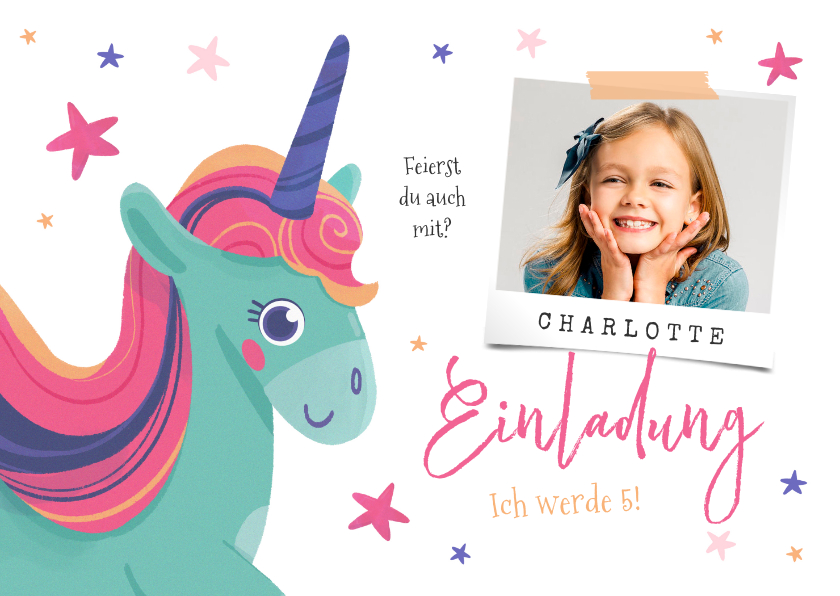 Kindergeburtstag - 5. Kindergeburtstag Einladungskarte Einhorn & Foto