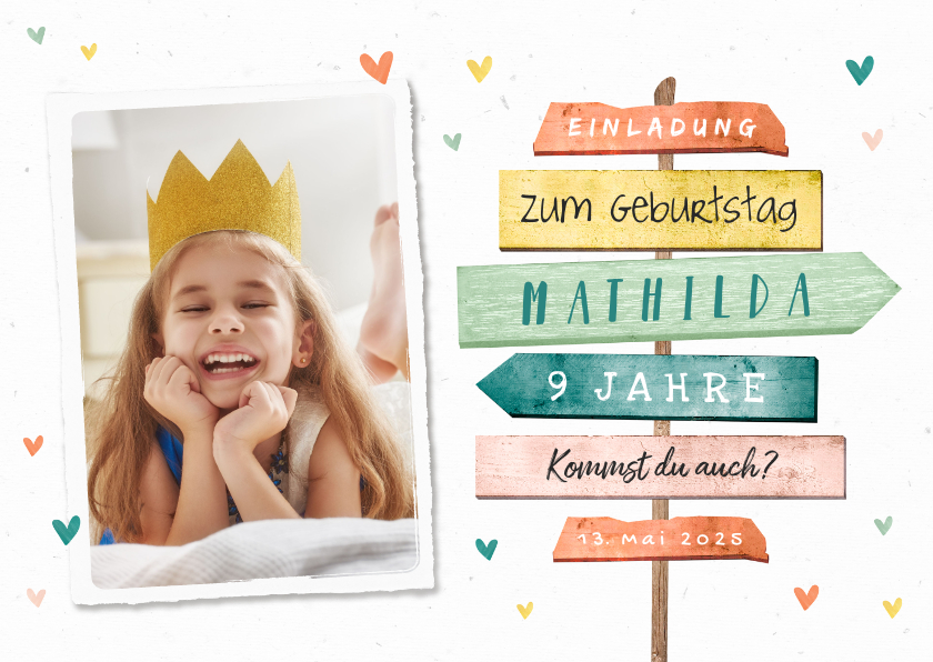 Kindergeburtstag - Bunte Einladung 9. Kindergeburtstag Foto & Schild