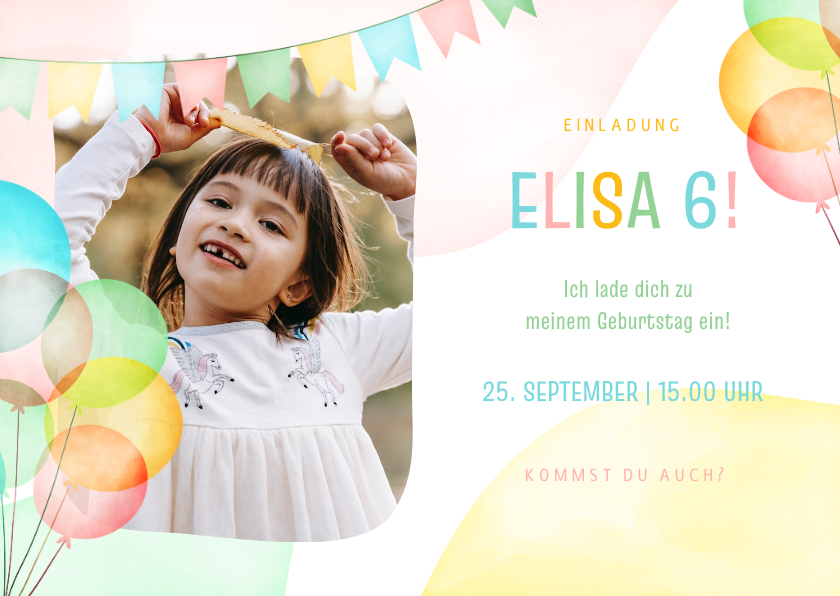 Kindergeburtstag - Bunte Einladung Kindergeburtstag Luftballons & Foto