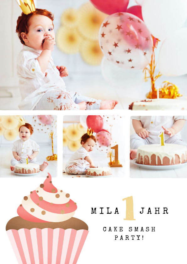 Kindergeburtstag - Einladung 1. Geburtstag Fotos & Cupcake rosa