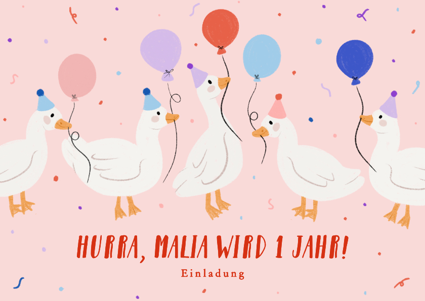 Kindergeburtstag - Einladung 1. Kindergeburtstag Gänse mit Partyhut & Ballons