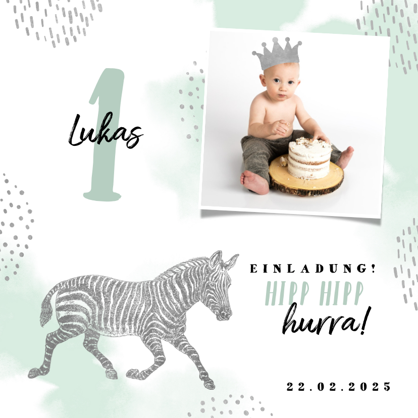 Kindergeburtstag - Einladung 1. Kindergeburtstag mit Foto, Zebra und Krone