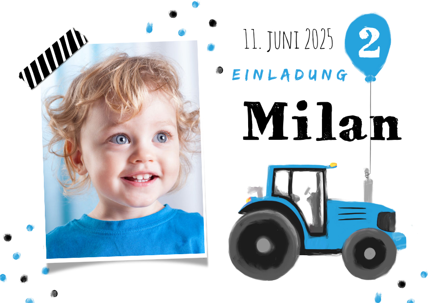 Kindergeburtstag - Einladung 2. Kindergeburtstag blauer Traktor und Foto