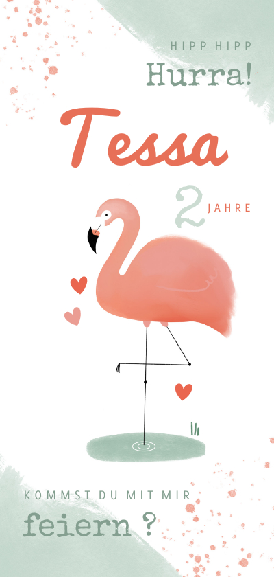 Kindergeburtstag - Einladung 2. Kindergeburtstag Flamingo mit Herzen