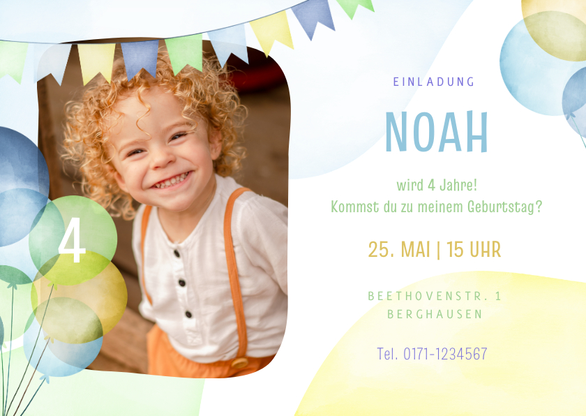 Kindergeburtstag - Einladung 4. Kindergeburtstag Luftballons & Foto