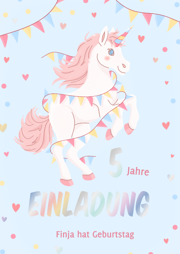 Kindergeburtstag - Einladung 5. Kindergeburtstag Einhorn mit Girlande