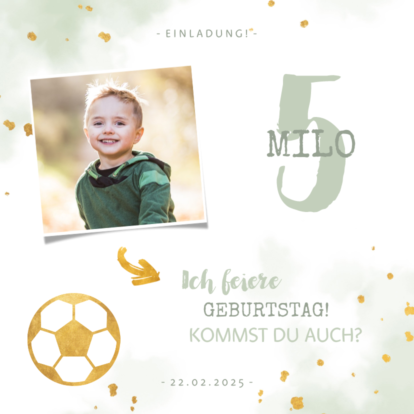 Kindergeburtstag - Einladung 5. Kindergeburtstag Wasserfarbe, Foto und Fußball