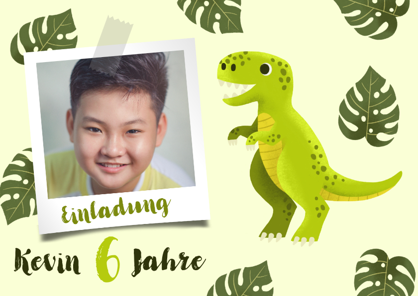 Kindergeburtstag - Einladung 6. Kindergeburtstag Dinosaurier, Foto und Blätter