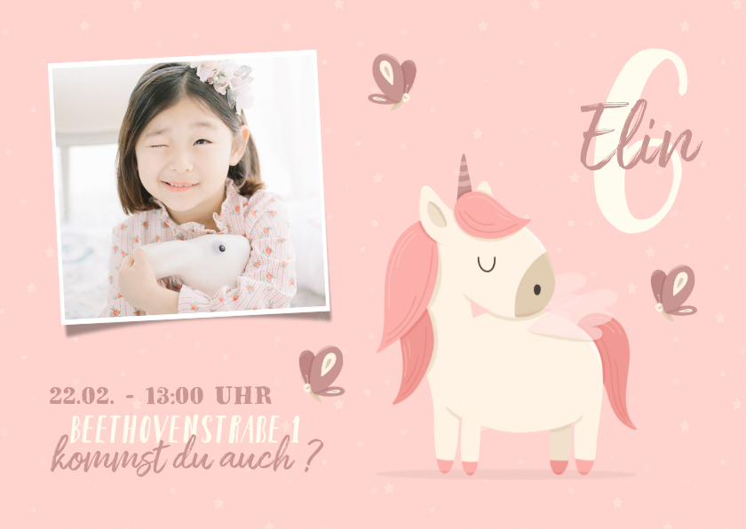 Kindergeburtstag - Einladung 6. Kindergeburtstag mit Foto und Einhorn