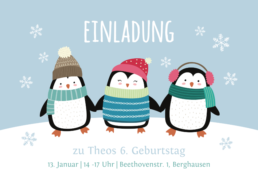 Kindergeburtstag - Einladung 6. Kindergeburtstag Party-Pinguine blau