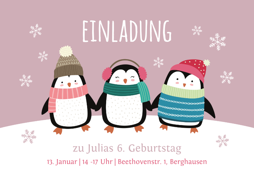 Kindergeburtstag - Einladung 6. Kindergeburtstag Pinguine rosa Party