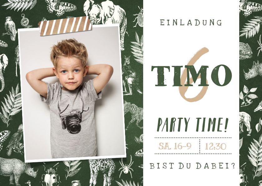 Kindergeburtstag - Einladung 6. Kindergeburtstag Safari Tiere mit Foto