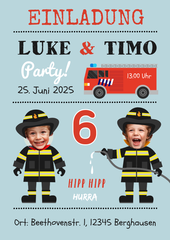 Kindergeburtstag - Einladung 6. Kindergeburtstag Zwilling Feuerwehr