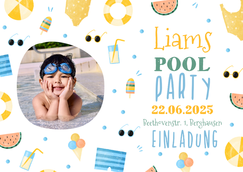 Kindergeburtstag - Einladung 7. Kindergeburtstag Pool Party Junge rundes Foto