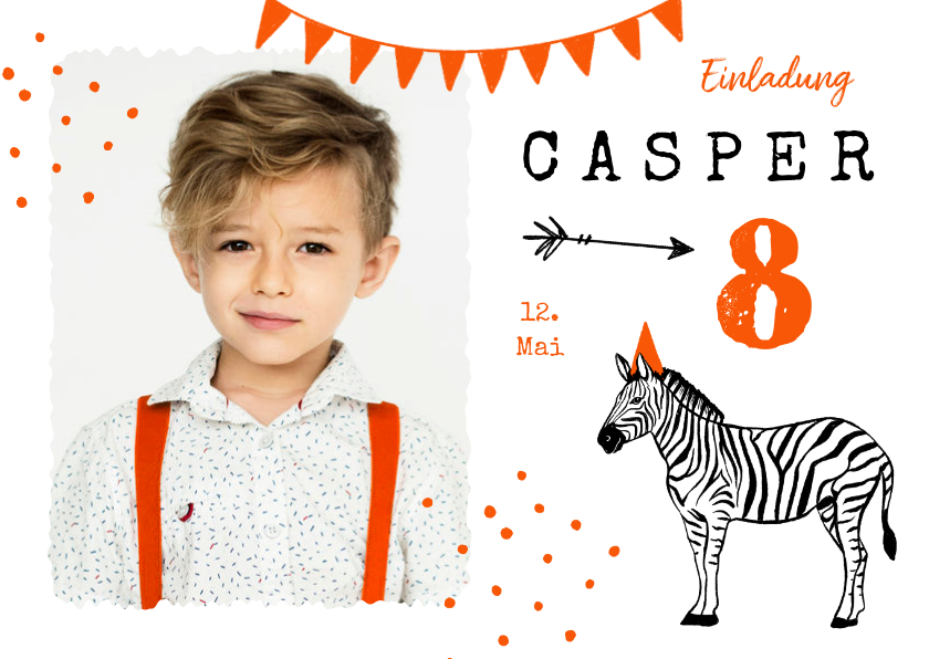 Kindergeburtstag - Einladung 8. Kindergeburtstag mit Foto und Zebra