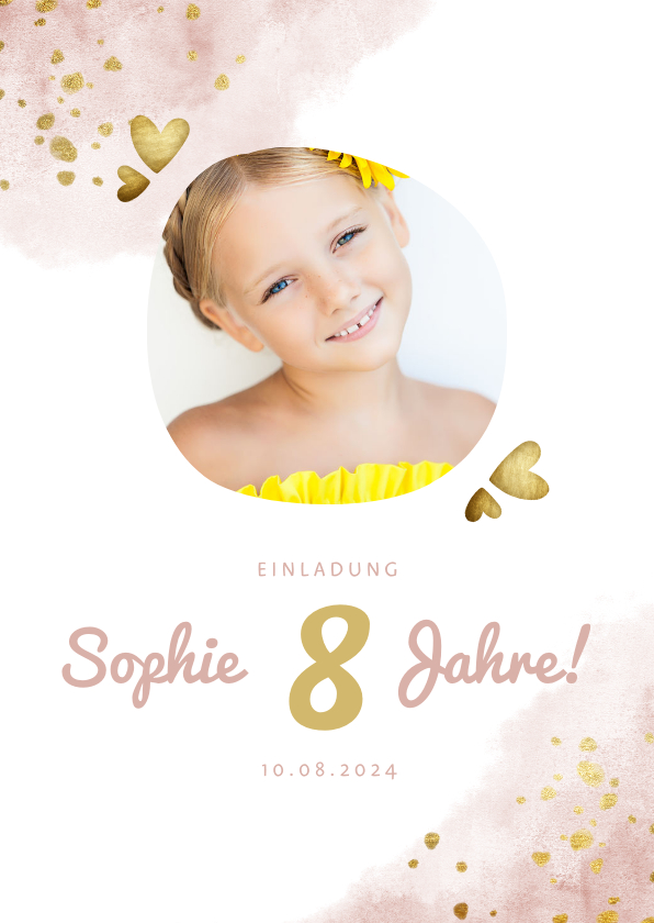 Kindergeburtstag - Einladung 8. Kindergeburtstag rundes Foto und goldene Herzen