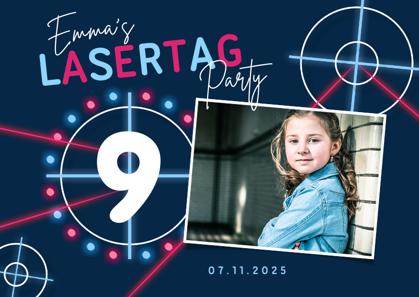 Kindergeburtstag - Einladung 9. Kindergeburtstag Lasergame pink mit Foto