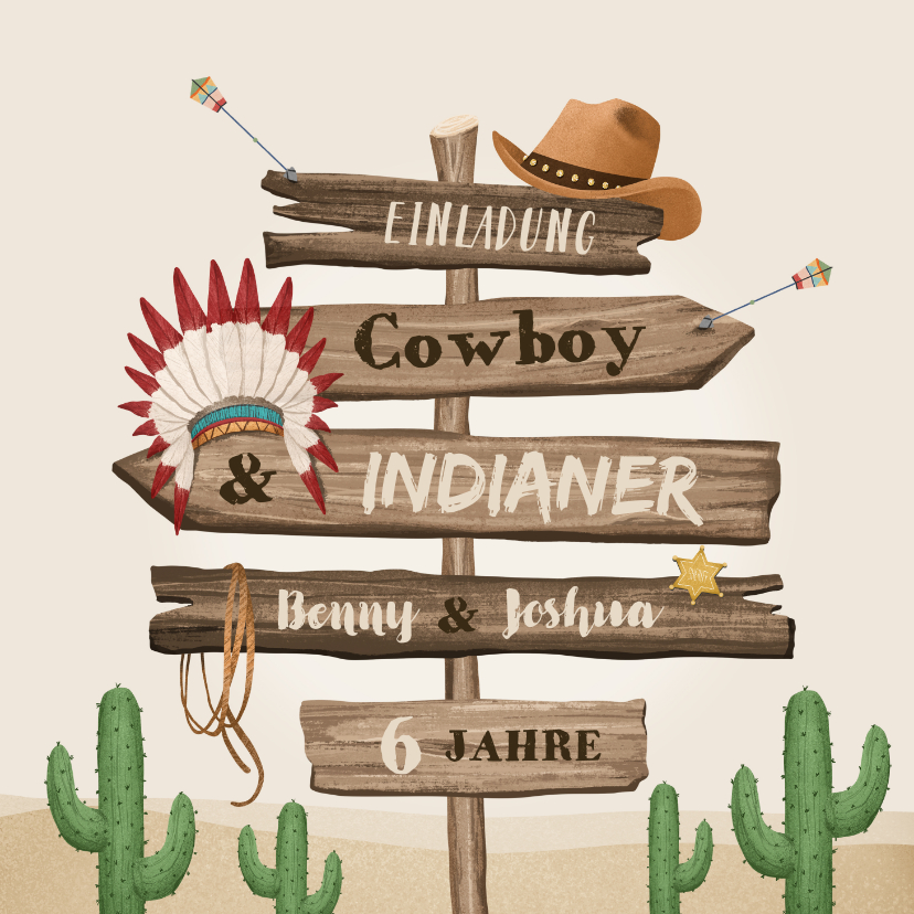 Kindergeburtstag - Einladung Cowboy & Indianer 6. Kindergeburtstag