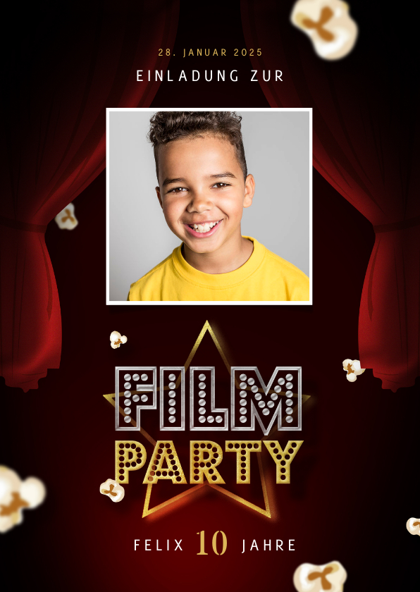 Kindergeburtstag - Einladung Filmparty 10. Kindergeburtstag mit Foto