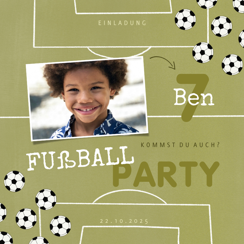 Kindergeburtstag - Einladung Fußball Party mit eigenem Foto 7. Geburtstag