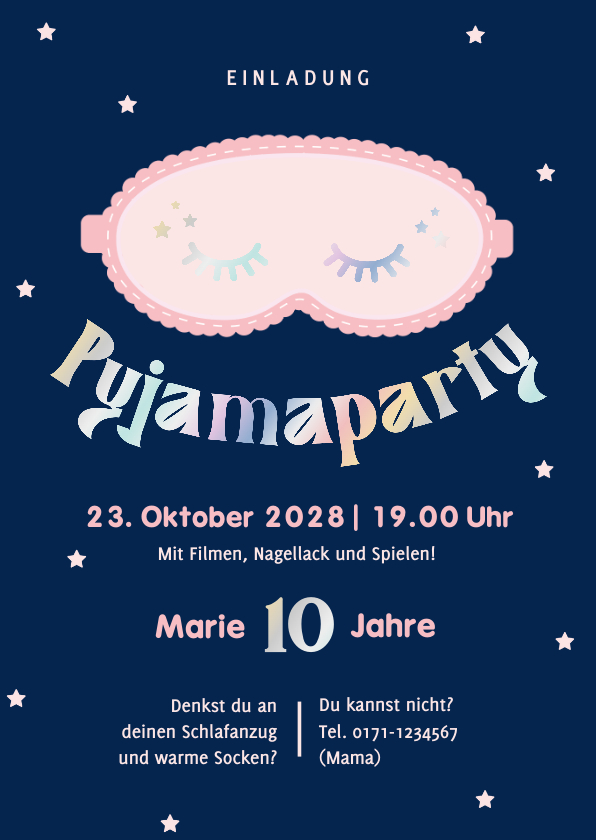 Kindergeburtstag - Einladung Kinder 10. Geburtstag Pyjamaparty Schlafmaske