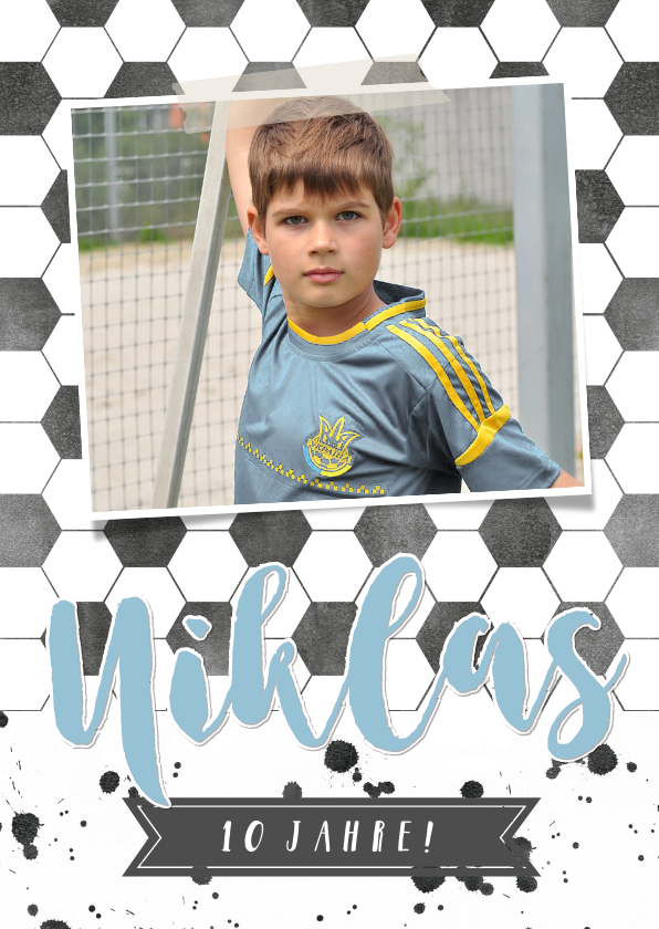 Kindergeburtstag - Einladung Kindergeburtstag blau Fußballhintergrund mit Foto