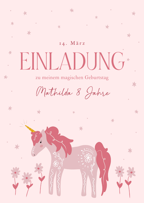 Kindergeburtstag - Einladung 'Magischer Geburtstag' Einhorn in Rosa 8 Jahre