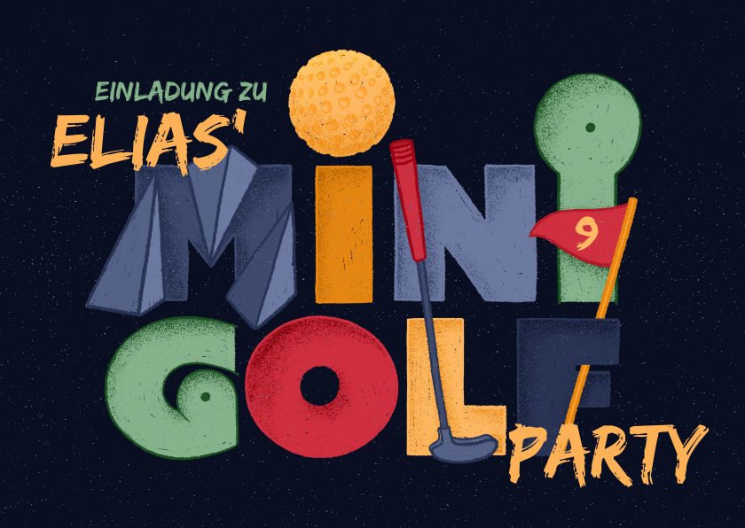 Kindergeburtstag - Einladung Minigolf-Party - Funky Lettering 9 Jahre