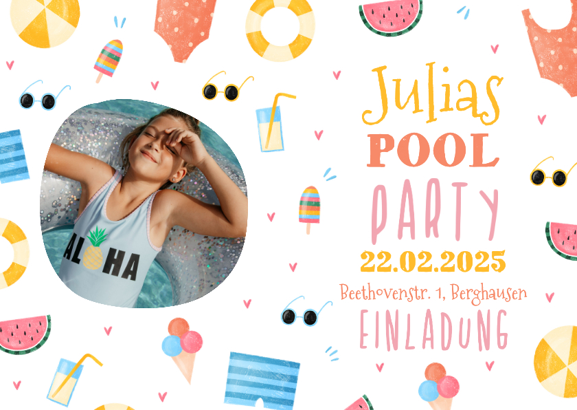 Kindergeburtstag - Einladung Pool Party rundes Foto 7. Geburtstag mit Mädchen