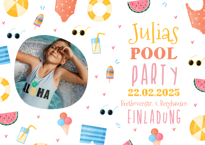 Kindergeburtstag - Einladung Pool Party rundes Foto 7. Geburtstag mit Mädchen