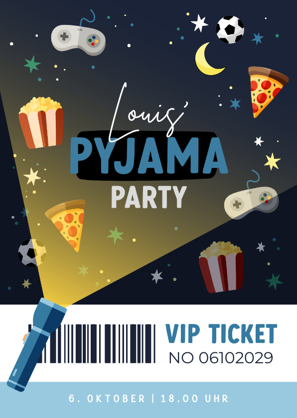 Kindergeburtstag - Einladung Pyjamaparty blaues VIP-Ticket Kindergeburtstag