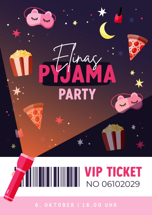 Kindergeburtstag - Einladung Pyjamaparty rosa VIP-Ticket Kindergeburtstag