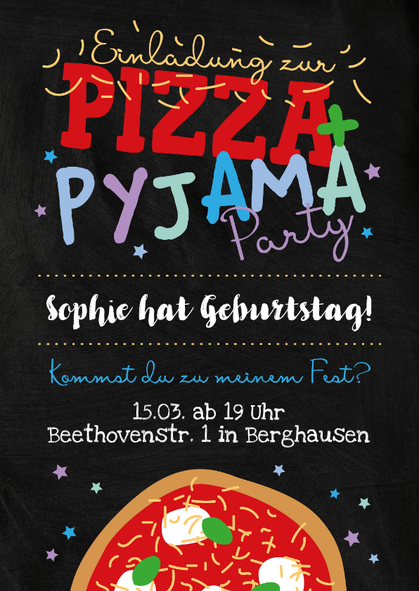 Kindergeburtstag - Einladung Übernachtungsparty Pizza & Pyjama 12. Geburtstag