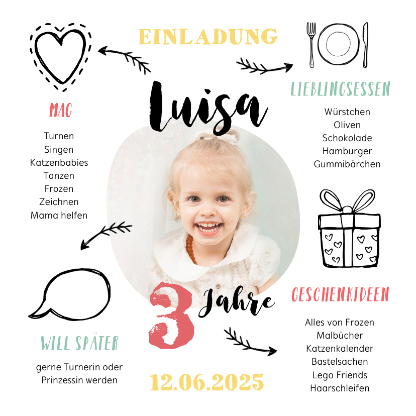 Kindergeburtstag - Einladung zum 3. Kindergeburtstag Mädchen Herz & Geschenk