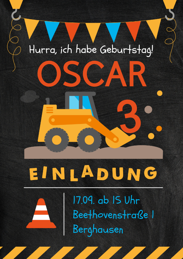 Kindergeburtstag - Einladung zum 3. Kindergeburtstag mit Bagger