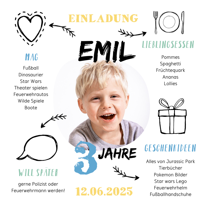 Kindergeburtstag - Einladung zum 3. Kindergeburtstag Steckbrief Junge