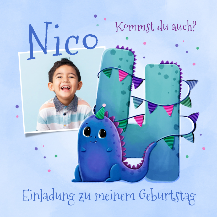Kindergeburtstag - Einladung zum 4. Geburtstag kleiner Dino & Foto