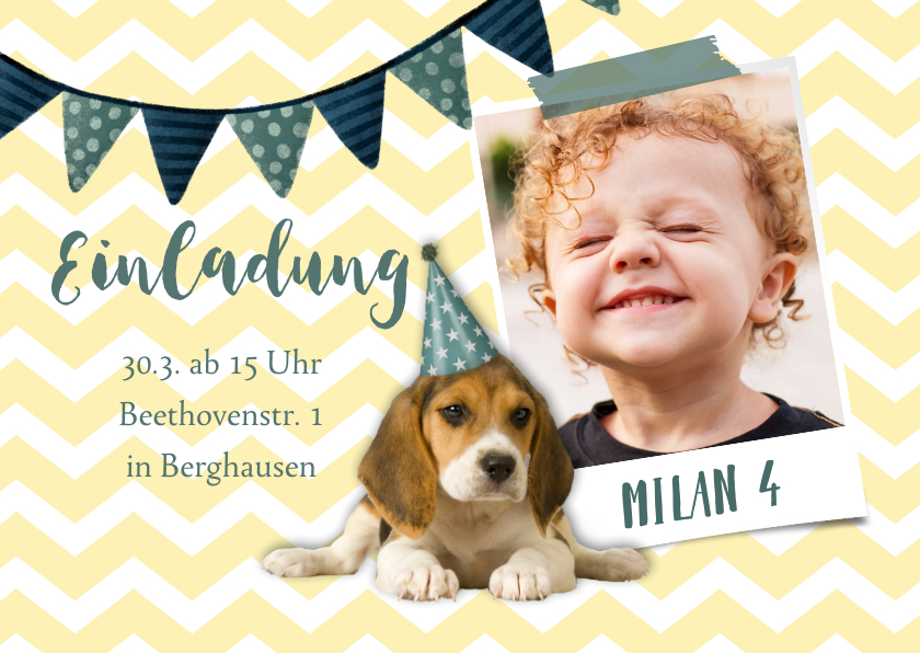 Kindergeburtstag - Einladung zum 4. Kindergeburtstag Partyhund