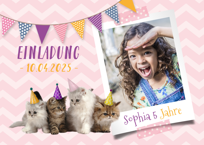 Kindergeburtstag - Einladung zum 5. Kindergeburtstag mit Katzen