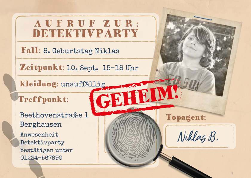 Kindergeburtstag - Einladung zum 8. Kindergeburtstag Detektivparty