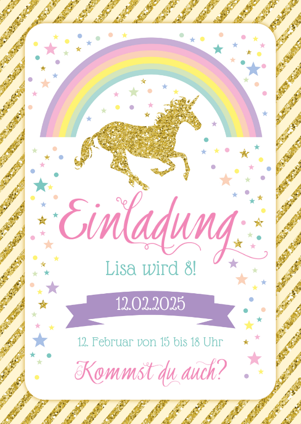 Kindergeburtstag - Einladung zum 8. Kindergeburtstag Goldenes Einhorn