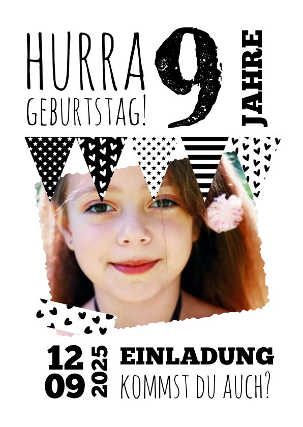 Kindergeburtstag - Einladung zum 9. Kindergeburtstag Schwarzweiß mit Foto