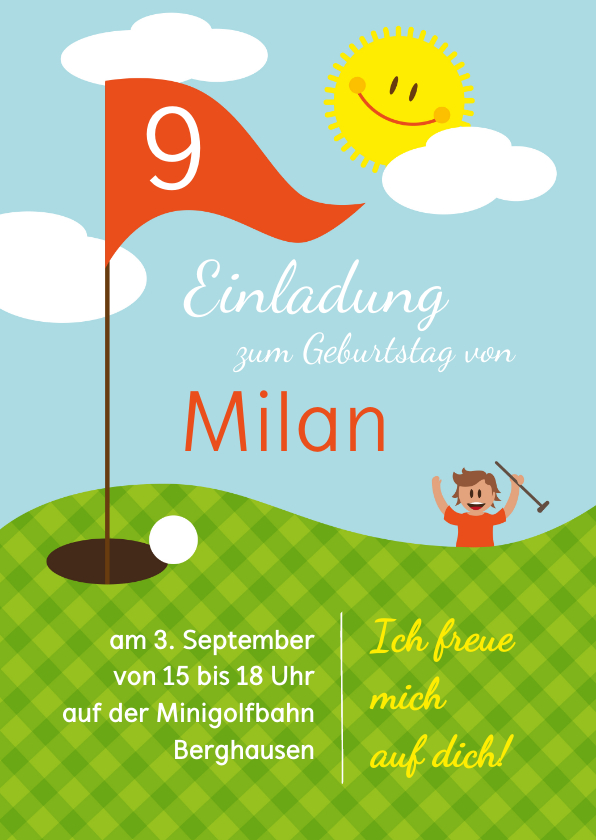 Kindergeburtstag - Einladung zum Golf-Kindergeburtstag orange 9 Jahre