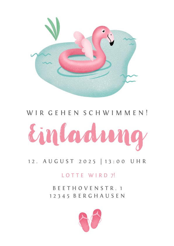 Kindergeburtstag - Einladung zum Schwimm-Kindergeburtstag Flamingo 7 Jahre