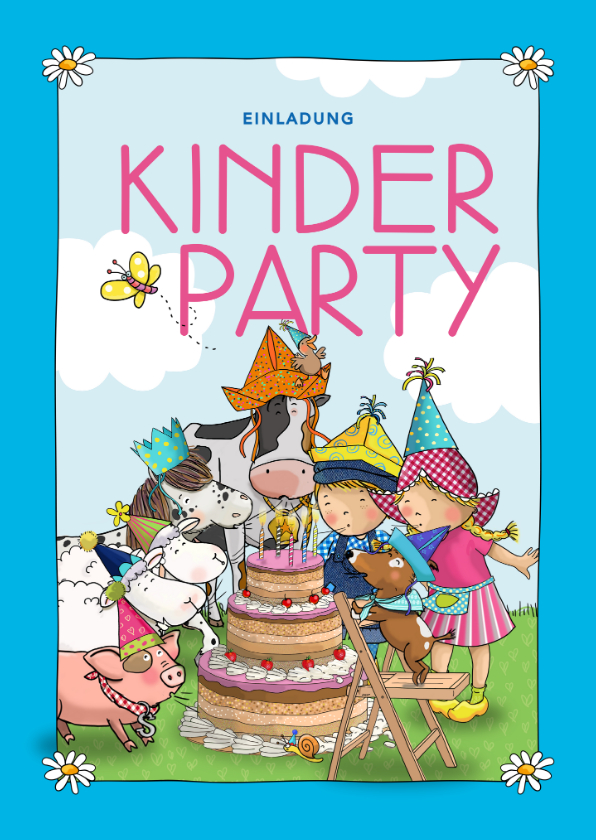 Kindergeburtstag - Einladung zur Kinderparty 'Fien & Teun' Tiere mit Torte