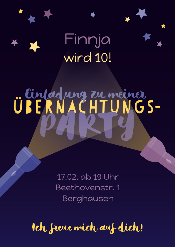 Kindergeburtstag - Einladung zur Übernachtungsparty Taschenlampen 10 Jahre