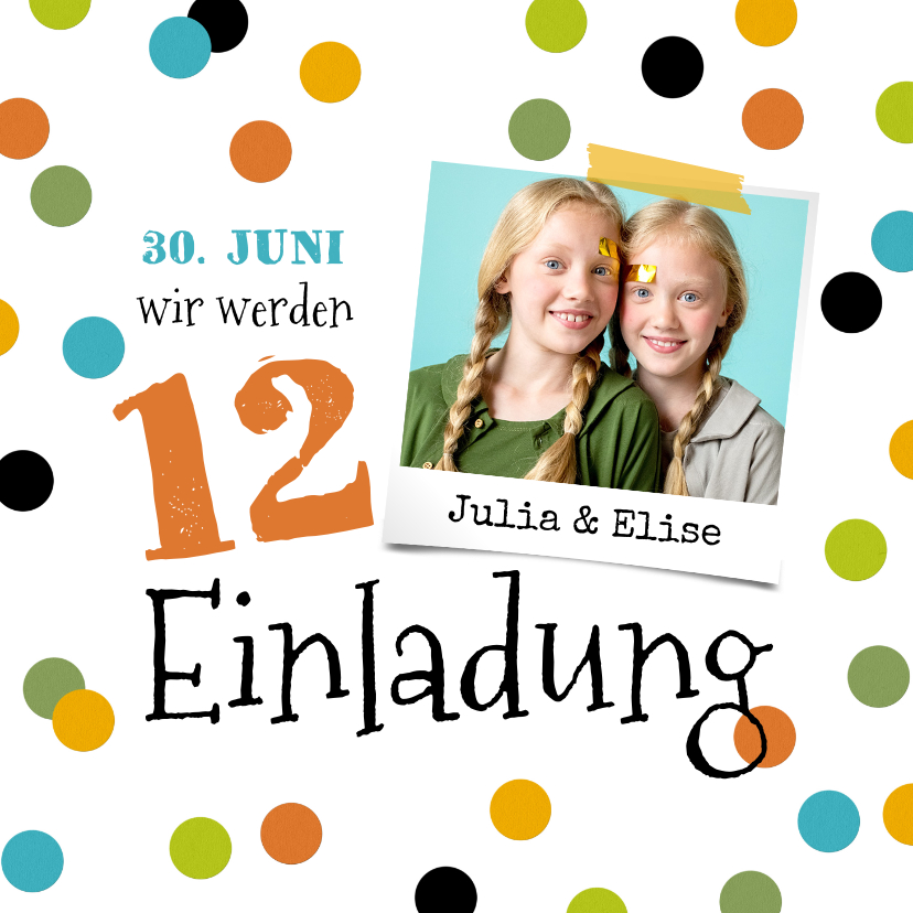 Kindergeburtstag - Einladung Zwillingsgeburtstag Foto & Konfetti 12 Jahre