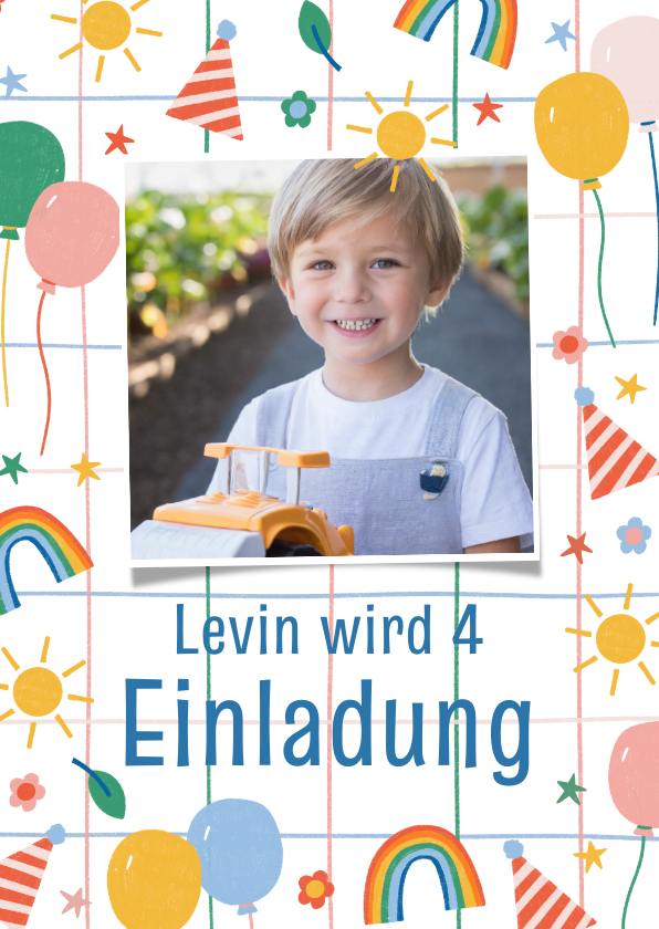 Kindergeburtstag - Einladungskarte 4. Geburtstag Foto und fröhliche Doodles