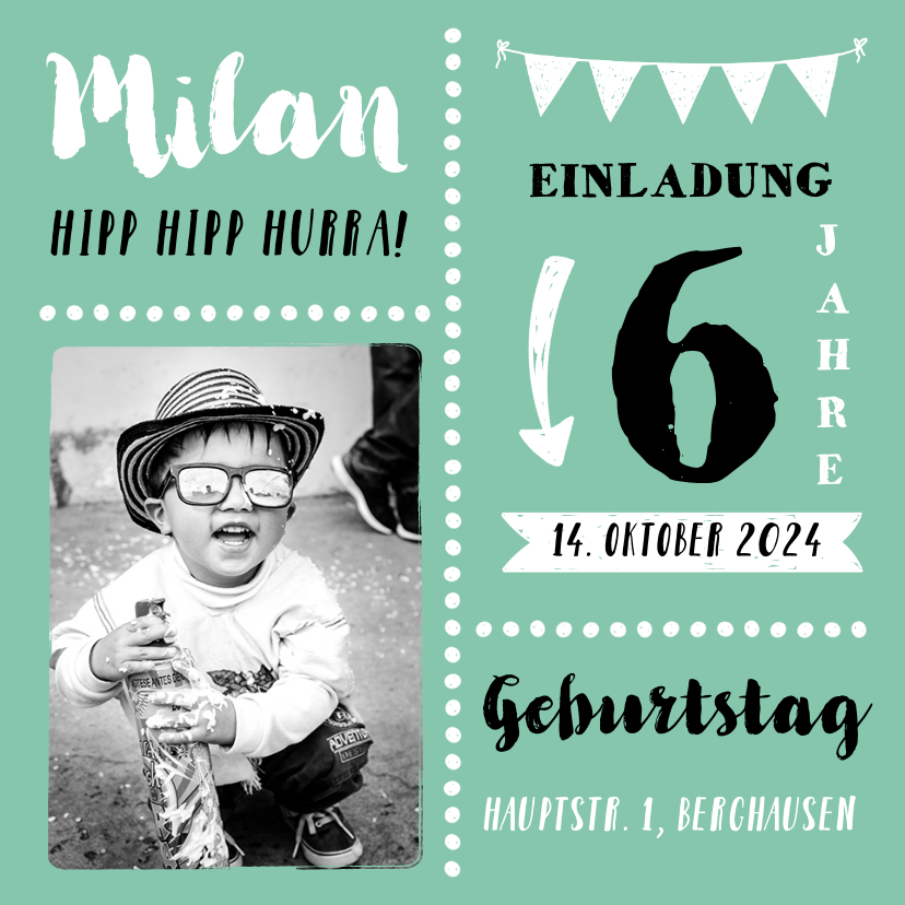 Kindergeburtstag - Einladungskarte 6. Geburtstag Foto und Text