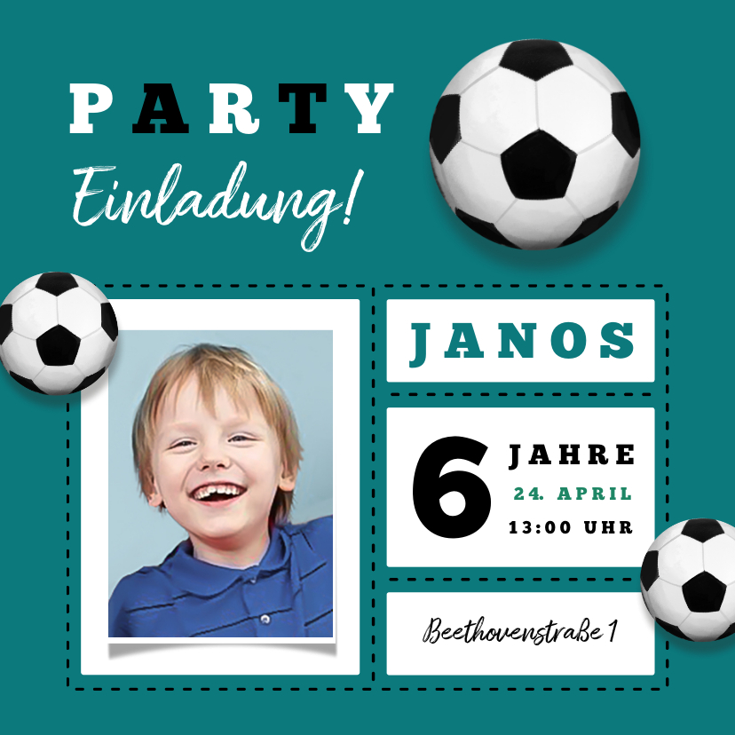 Kindergeburtstag - Einladungskarte 6. Kindergeburtstag Fußball und Foto